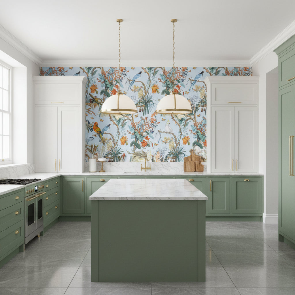 Elegant Tropical Birds and Flora Wallpaper Mural, Custom Sizes Available