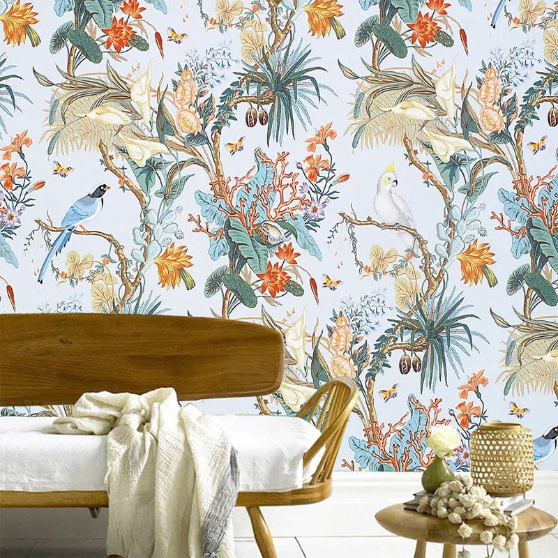 Elegant Tropical Birds and Flora Wallpaper Mural, Custom Sizes Available