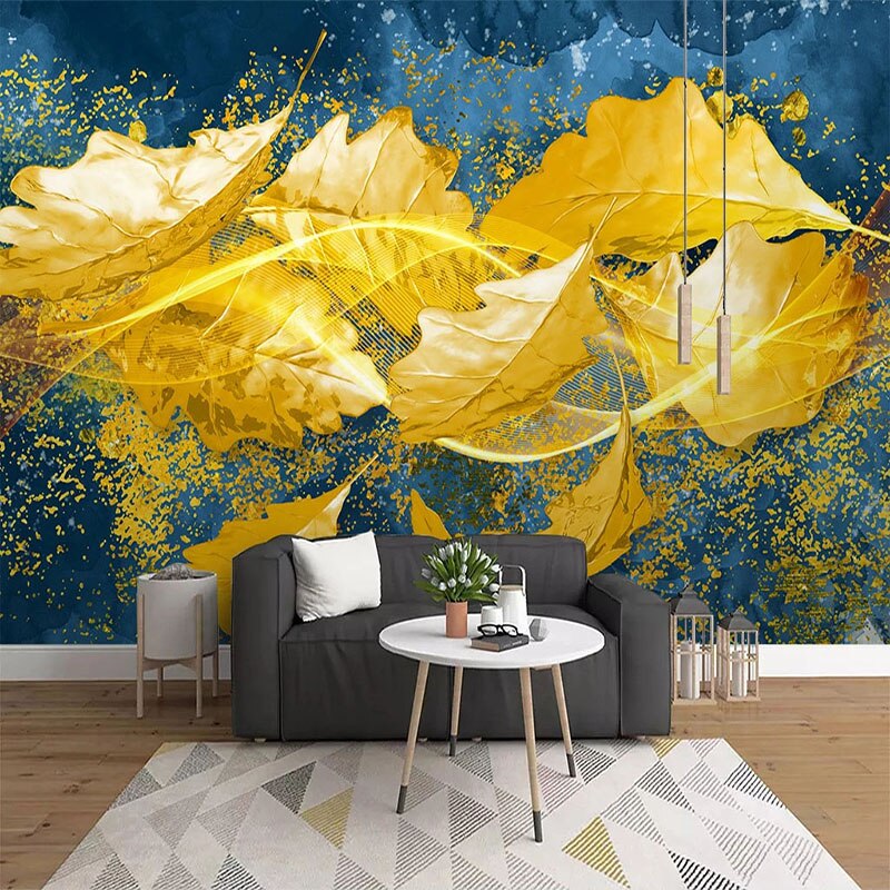 Abstract Golden Falling Oak Leaves Wallpaper Mural, Custom Sizes Available