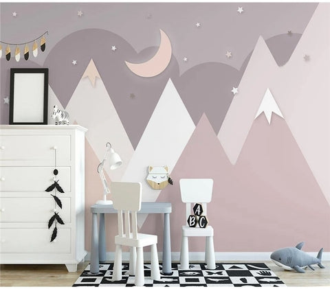 Image of Mural infantil con picos de montañas rosas, tamaños personalizados disponibles