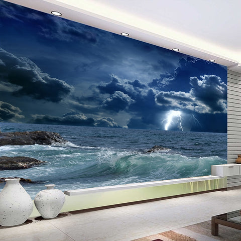 Image of Raging Lightning Storm Off-Shore Wallpaper Mural, Custom Sizes Available