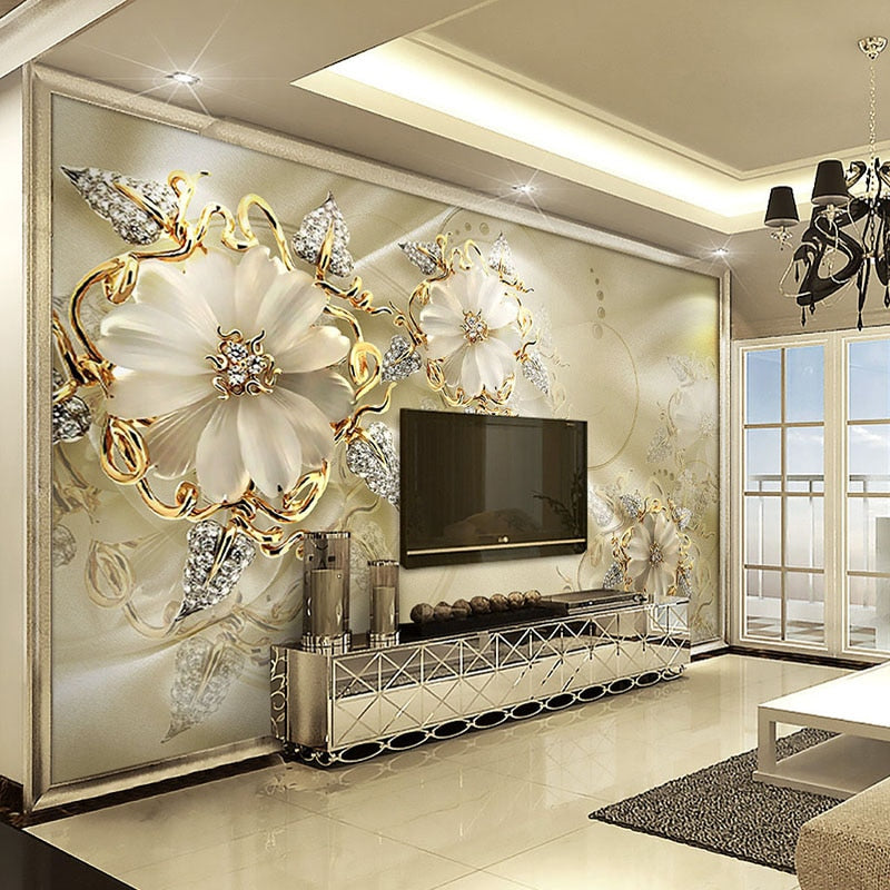 3D European Style Diamond Golden Flower Wallpaper Mural, Custom Sizes Available