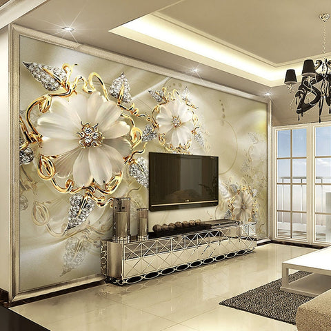 Image of 3D European Style Diamond Golden Flower Wallpaper Mural, Custom Sizes Available
