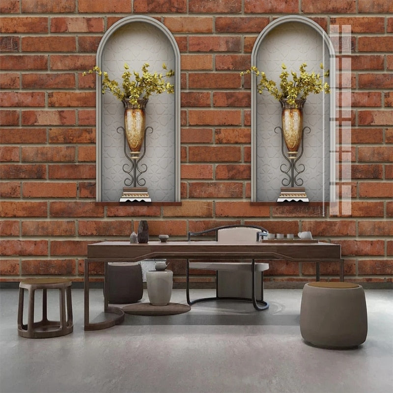 Beautiful Floral Vases In Niches Brick Wall Wallpaper Mural, Custom Sizes Available