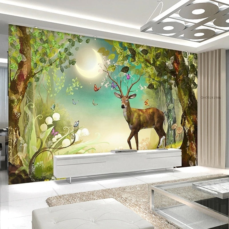 Enchanting Deer and Moon Fantasy Wallpaper Mural, Custom Sizes Available