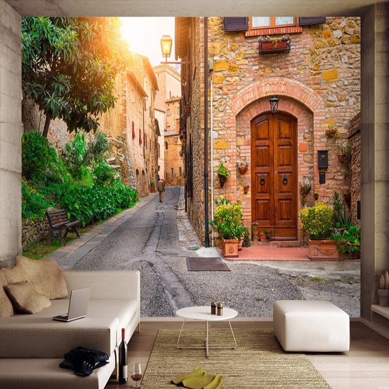 Italian Street Scene With Brown Door Wallpaper Mural, Custom Sizes Available
