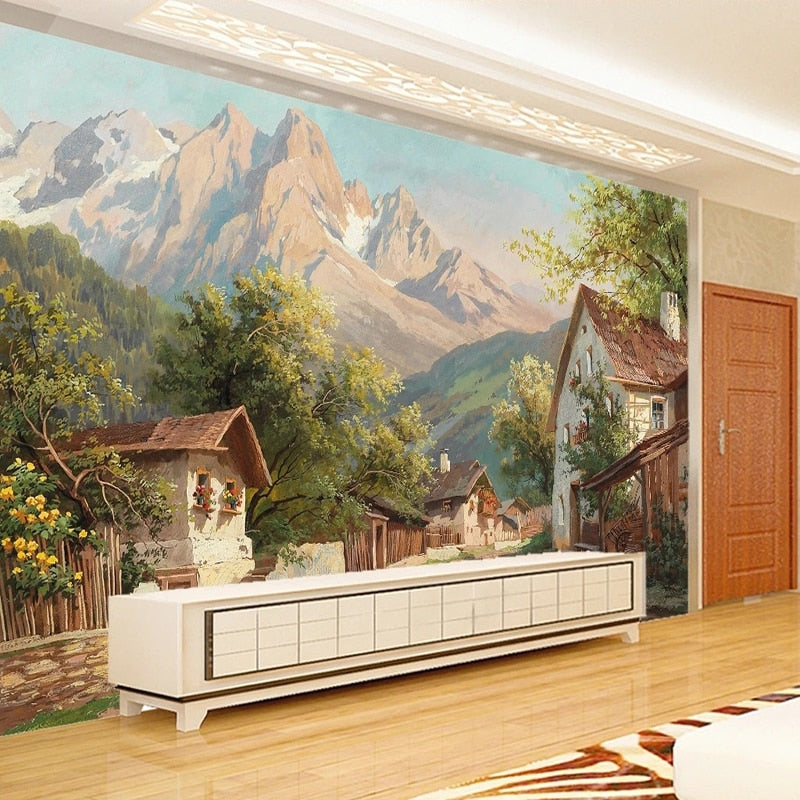 Alpine Village Painting Wallpaper Mural, Custom Sizes Available