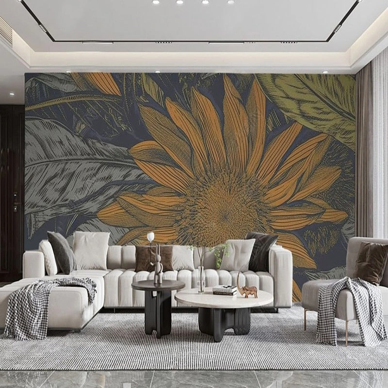 Modern Simple Sunflower Wallpaper Mural, Custom Sizes Available