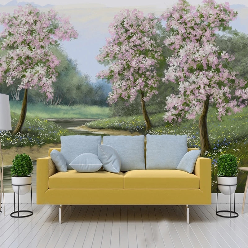 Idyllic Blooming Peach Tree and Stream Landscape Wallpaper Mural, Custom Sizes Available