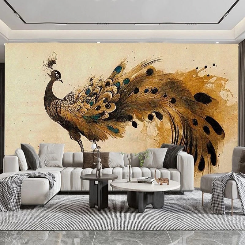 Decorative Brown Peacock Watercolor Painting Wallpaper Mural, Custom Sizes Available