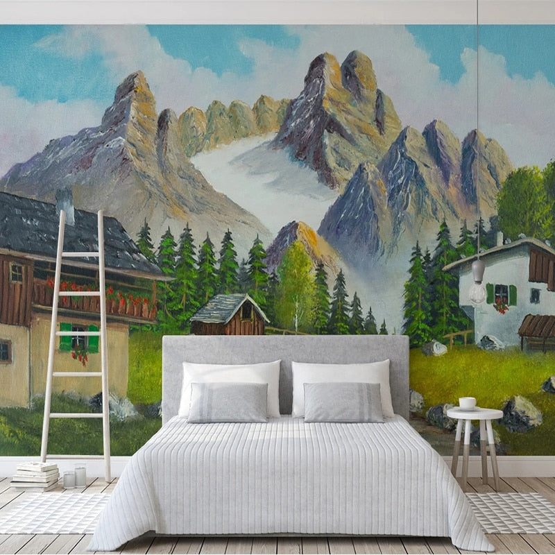 Serene Alpine Painting Wallpaper Mural, Custom Sizes Available