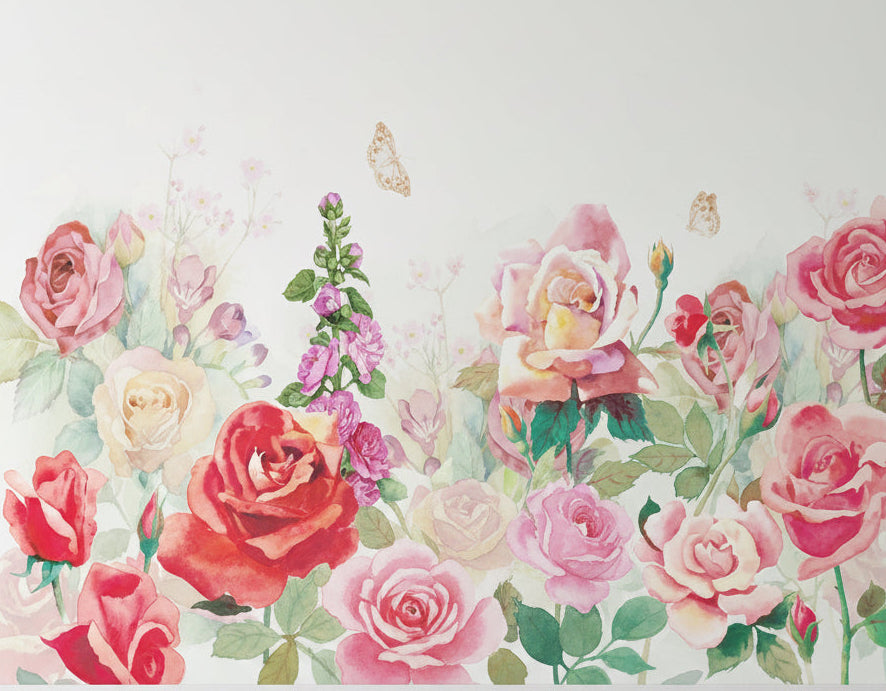 Beautifully Hand-Painted Watercolor Roses and Hydrangeas Wallpaper Mural, Custom Sizes Available