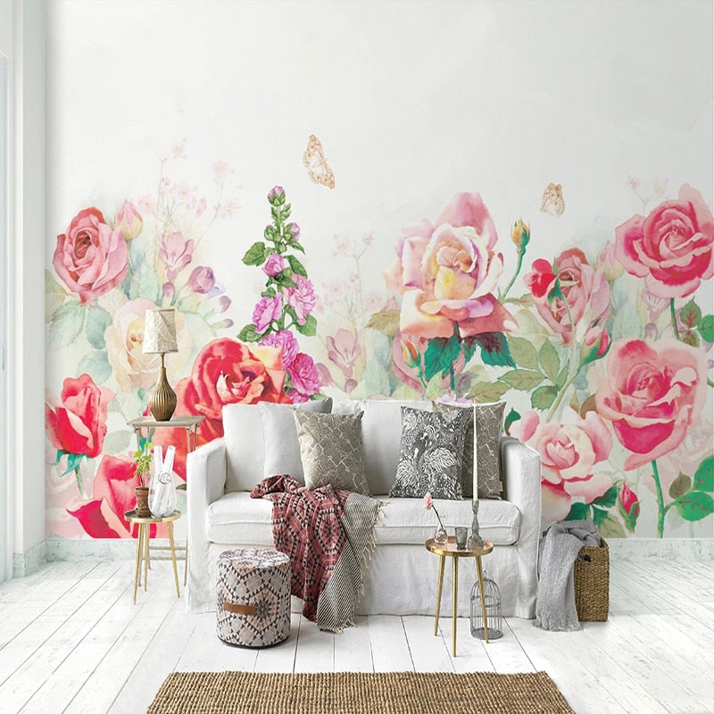 Beautifully Hand-Painted Watercolor Roses and Hydrangeas Wallpaper Mural, Custom Sizes Available