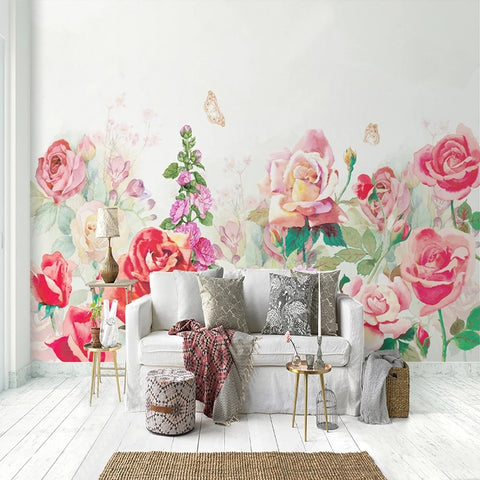 Image of Beautifully Hand-Painted Watercolor Roses and Hydrangeas Wallpaper Mural, Custom Sizes Available