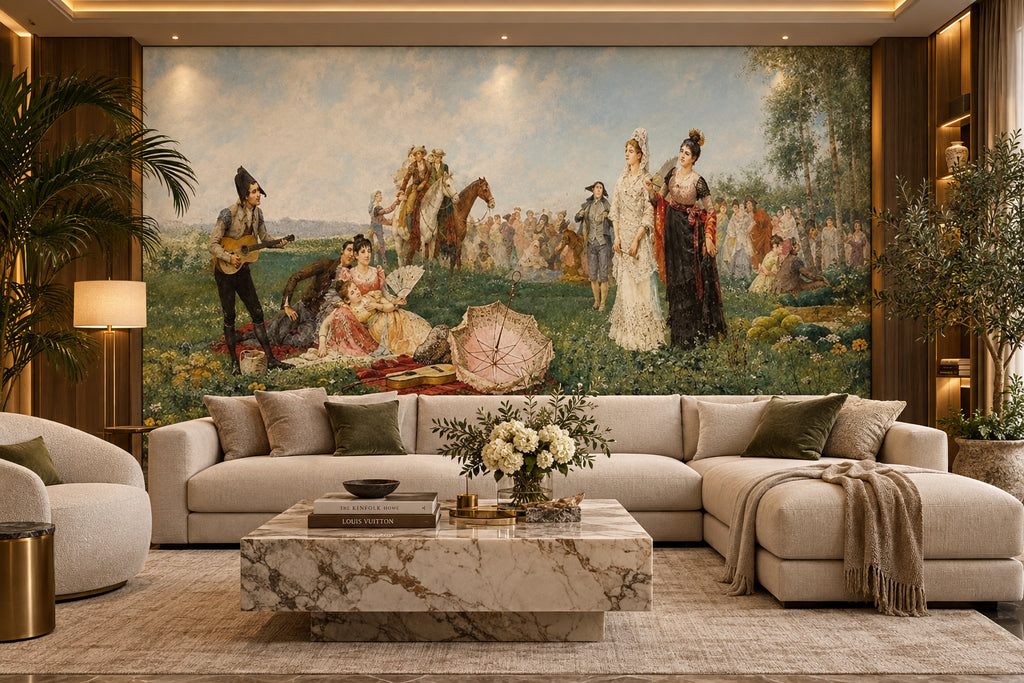 Classical Oil Painting Afternoon in the Park Wallpaper Mural, Custom Sizes Available