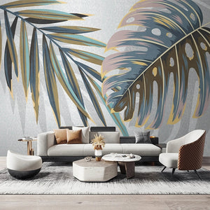 Tropical Plant Leaves Wallpaper Mural, Custom Sizes Available