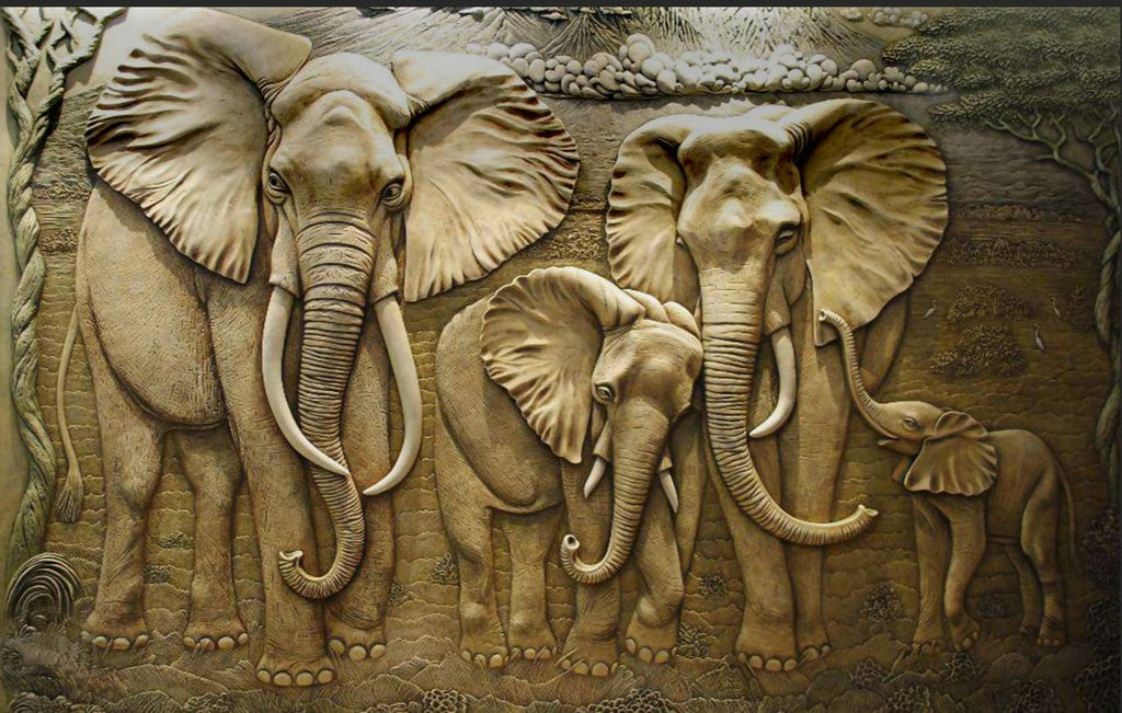 Carved Elephants Relief Wallpaper Mural, Custom Sizes Available