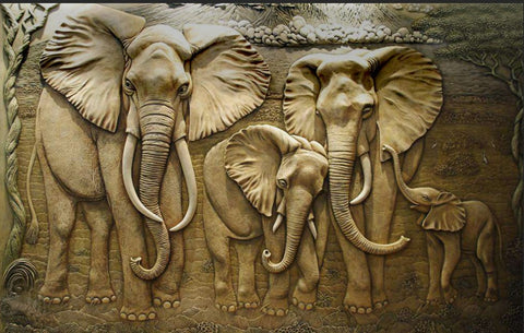 Image of Carved Elephants Relief Wallpaper Mural, Custom Sizes Available