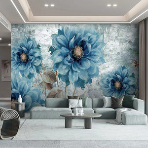 Lovely Painted Blue Dahlias Wallpaper Mural, Custom Sizes Available