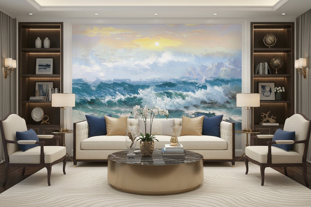 An impressionistic painting of a dramatic ocean scene with rolling blue and white waves under a pale yellow sun and soft clouds.