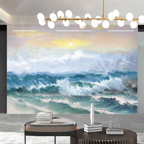 Image of Spectacular Ocean Waves Painting Wallpaper Mural, Custom Sizes Available