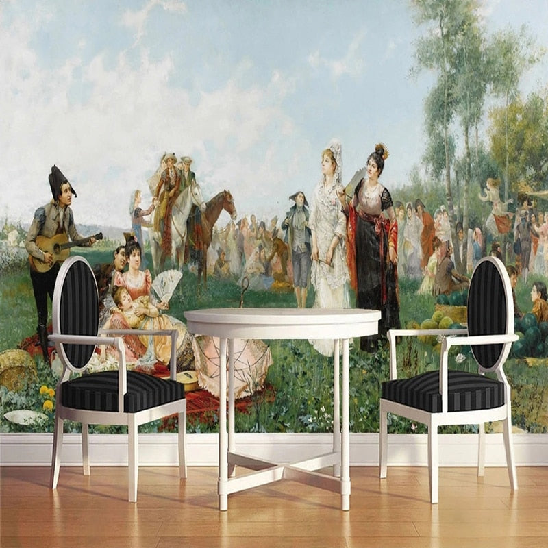 Classical Oil Painting Afternoon in the Park Wallpaper Mural, Custom Sizes Available