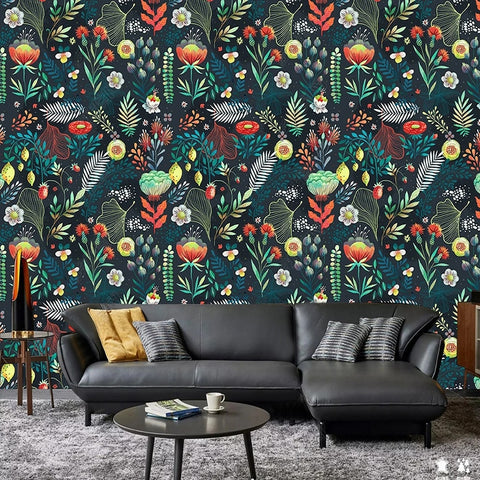 Image of Leaves and Blooms on Dark Background Wallpaper Mural, Custom Sizes Available