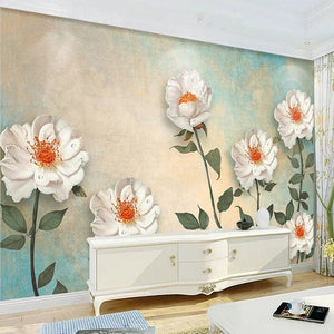 Vintage White Roses Wallpaper Mural, Custom Sizes Available
