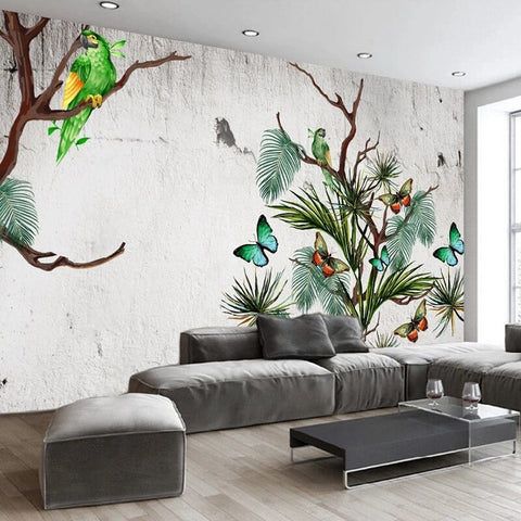 Image of Birds and Butterflies On Pine Bough Wallpaper Mural, Custom Sizes Available