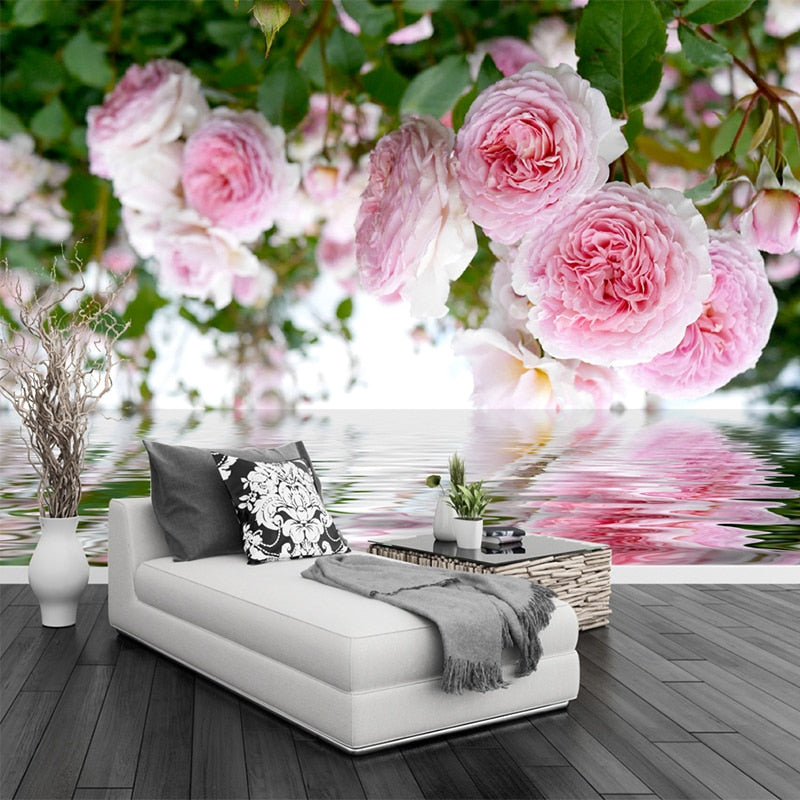 Beautiful Pink Roses Reflection Wallpaper Mural, Custom Sizes Available