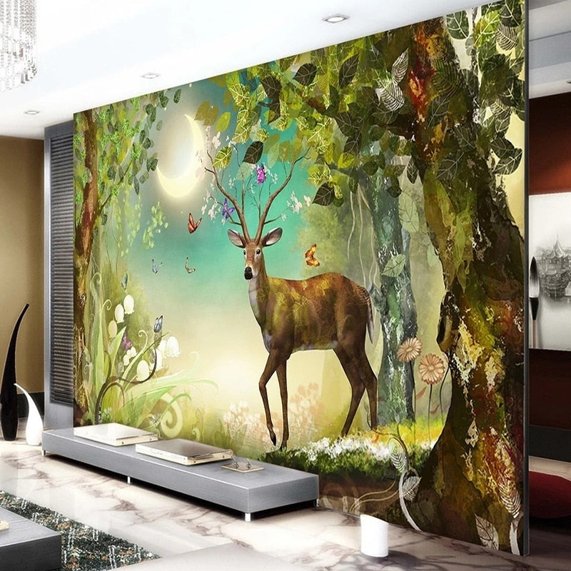 Enchanting Deer and Moon Fantasy Wallpaper Mural, Custom Sizes Available