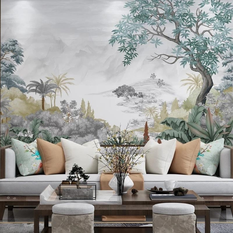 Hand-Painted Landscape Wallpaper Mural, Custom Sizes Available