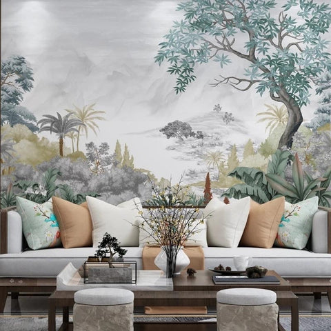 Image of Hand-Painted Landscape Wallpaper Mural, Custom Sizes Available