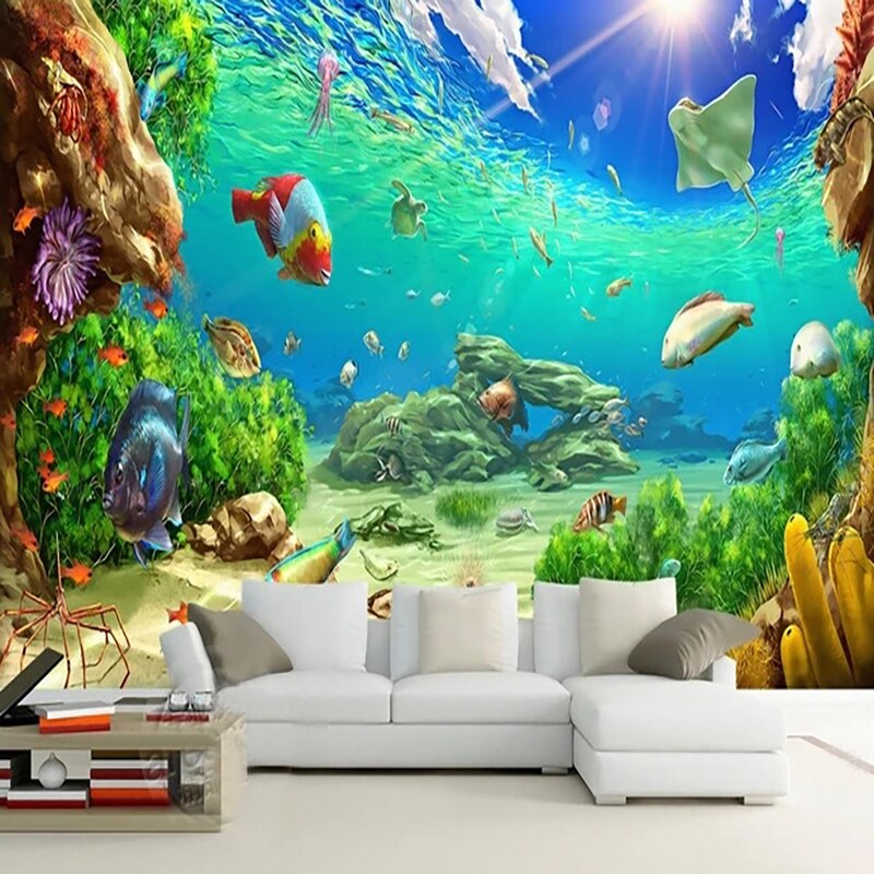Underwater Tropical Fish Wallpaper Mural and Anemone, Custom Sizes Available