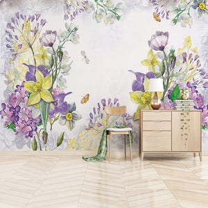 Refreshing Hand-Painted Spring Flowers Wallpaper Mural, Custom Sizes Available