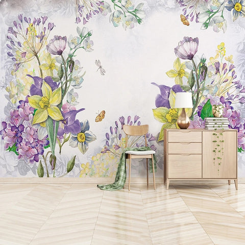 Image of Refreshing Hand-Painted Spring Flowers Wallpaper Mural, Custom Sizes Available