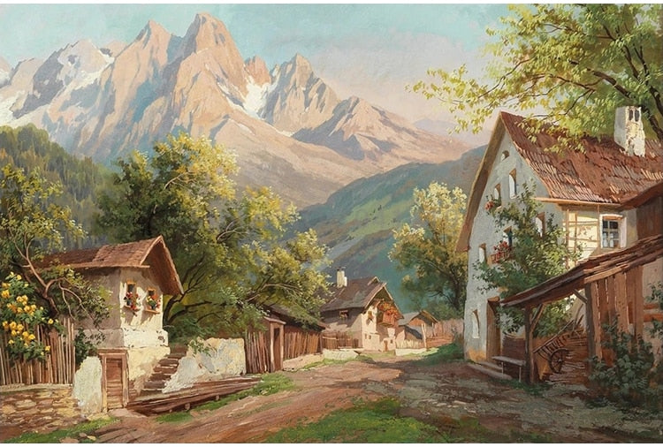 Alpine Village Painting Wallpaper Mural, Custom Sizes Available