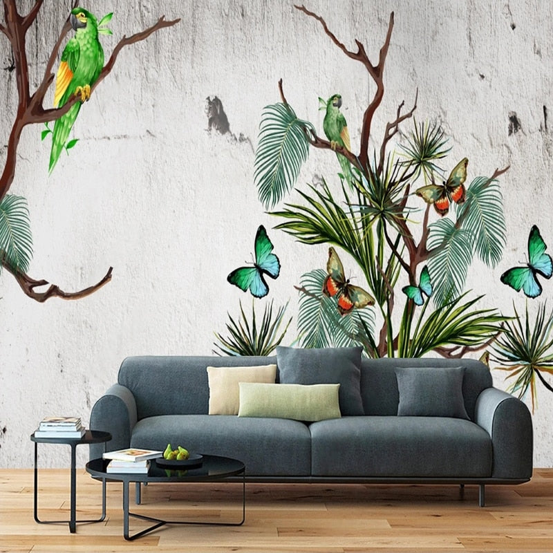 Birds and Butterflies On Pine Bough Wallpaper Mural, Custom Sizes Available