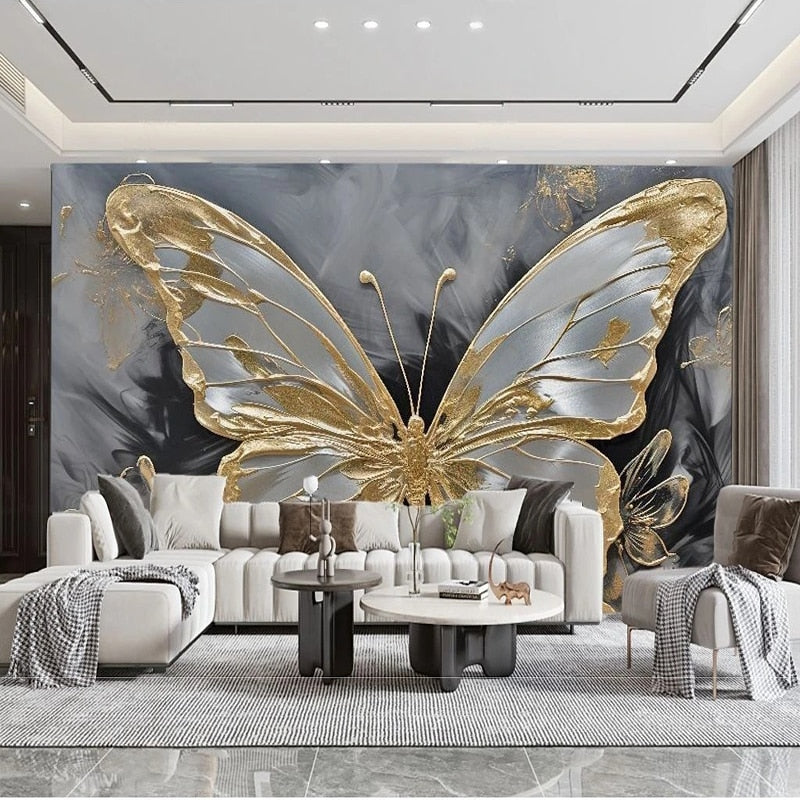 Spectacular Gold and Silk Butterfly Wallpaper Mural, Custom Sizes Available