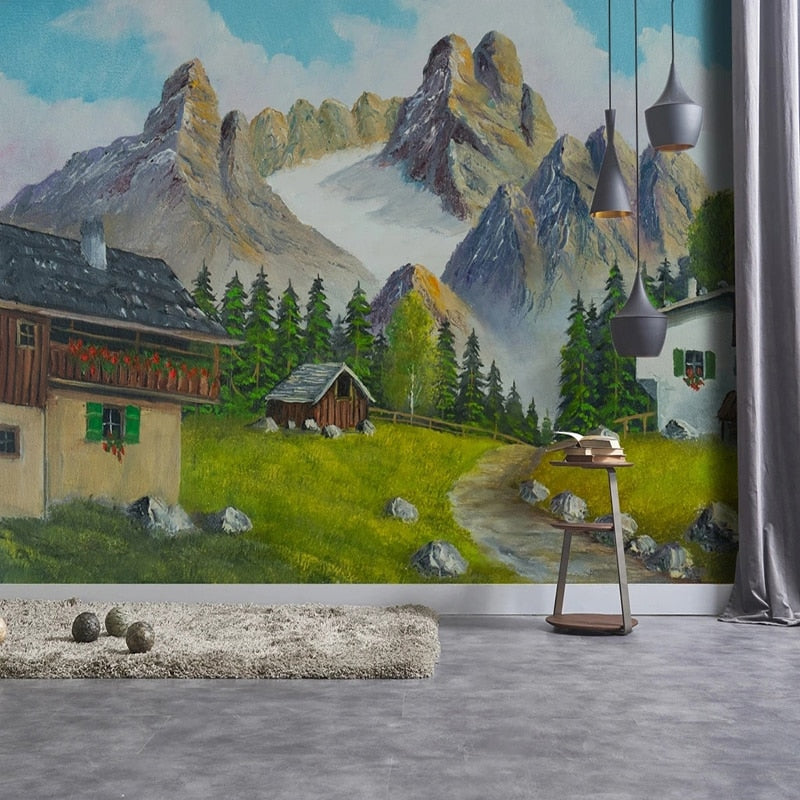 Serene Alpine Painting Wallpaper Mural, Custom Sizes Available