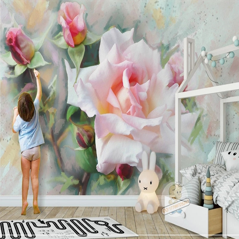 Beautiful Large Pink Rose and Buds Wallpaper Mural, Custom Sizes Available