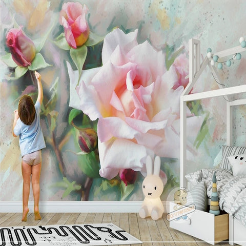 Image of Beautiful Large Pink Rose and Buds Wallpaper Mural, Custom Sizes Available