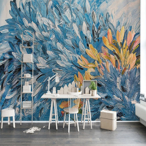 Image of Abstract Tan/Blue/White Feathered Brushstrokes Background Wallpaper Mural, Custom Sizes Available