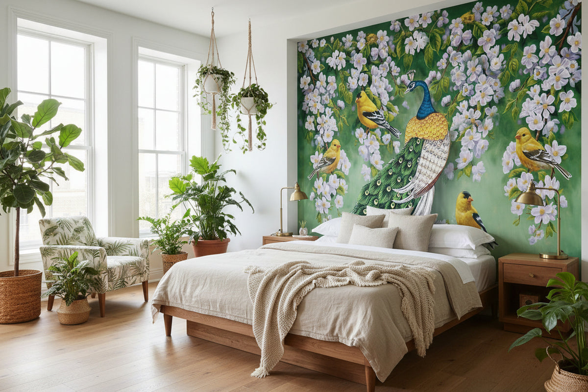 Colorful Peacock, Finches and Apple Blossoms Wallpaper Mural, Custom Sizes Available