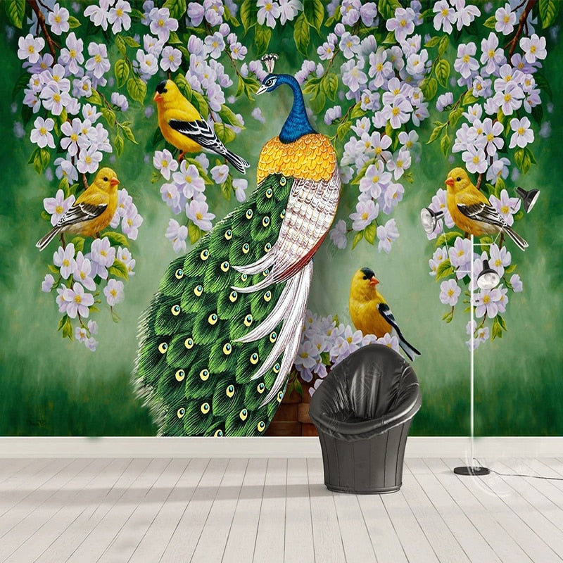 Colorful Peacock, Finches and Apple Blossoms Wallpaper Mural, Custom Sizes Available