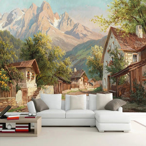 Alpine Village Painting Wallpaper Mural, Custom Sizes Available