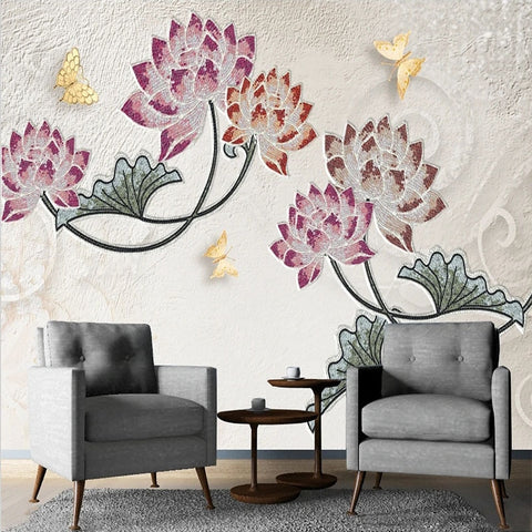 Image of Awesome Mosaic Lotus Flowers and Golden Butterflies Wallpaper Mural, Custom Sizes Available