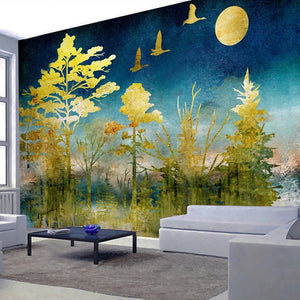 Enchanting Moonlit Golden Forest Wallpaper Mural, Custom Sizes Available