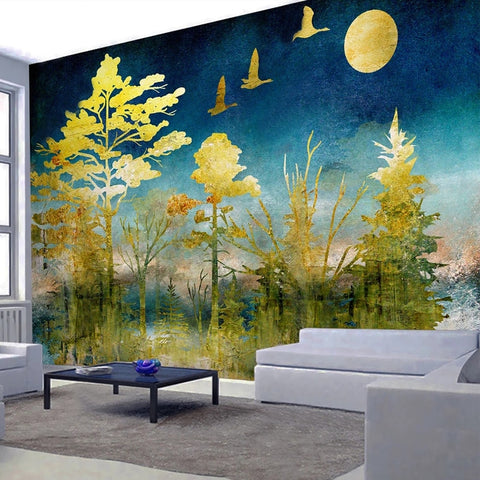 Image of Enchanting Moonlit Golden Forest Wallpaper Mural, Custom Sizes Available