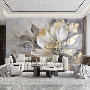 Exquisite Luxury Gold Leaf Magnolia Blossom Wallpaper Mural, Custom Sizes Available